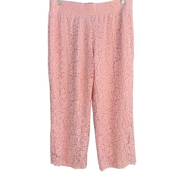 Isaac Mizrahi Live Womens Pink Lace Overlay Elastic Waist Lined Wide Leg Pants M - Picture 1 of 9